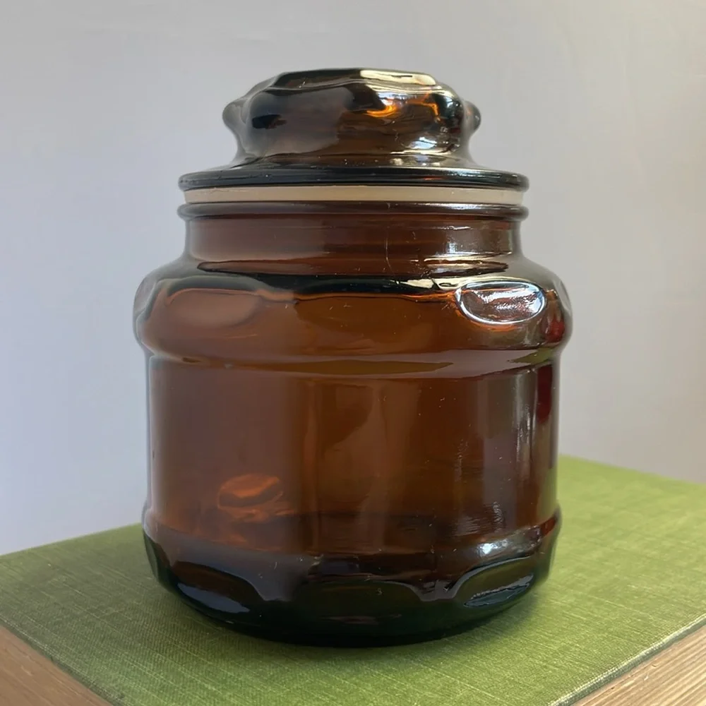 Vintage‎ Small Glass Apothecary Jar with Lid in Brown or Dark Amber